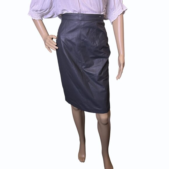 Vintage Y2K Brass Plum Gray Leather Pencil Skirt Jr Size 3 Midi‎ Zipper Mob Wife - Picture 3 of 16